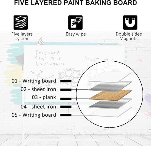 Miniatura 5 de Pizarra blanca móvil de 72 x 40 pulgadas, pizarra blanca magnética de borrado en seco sobre ruedas, pizarra blanca grande de doble cara con soporte