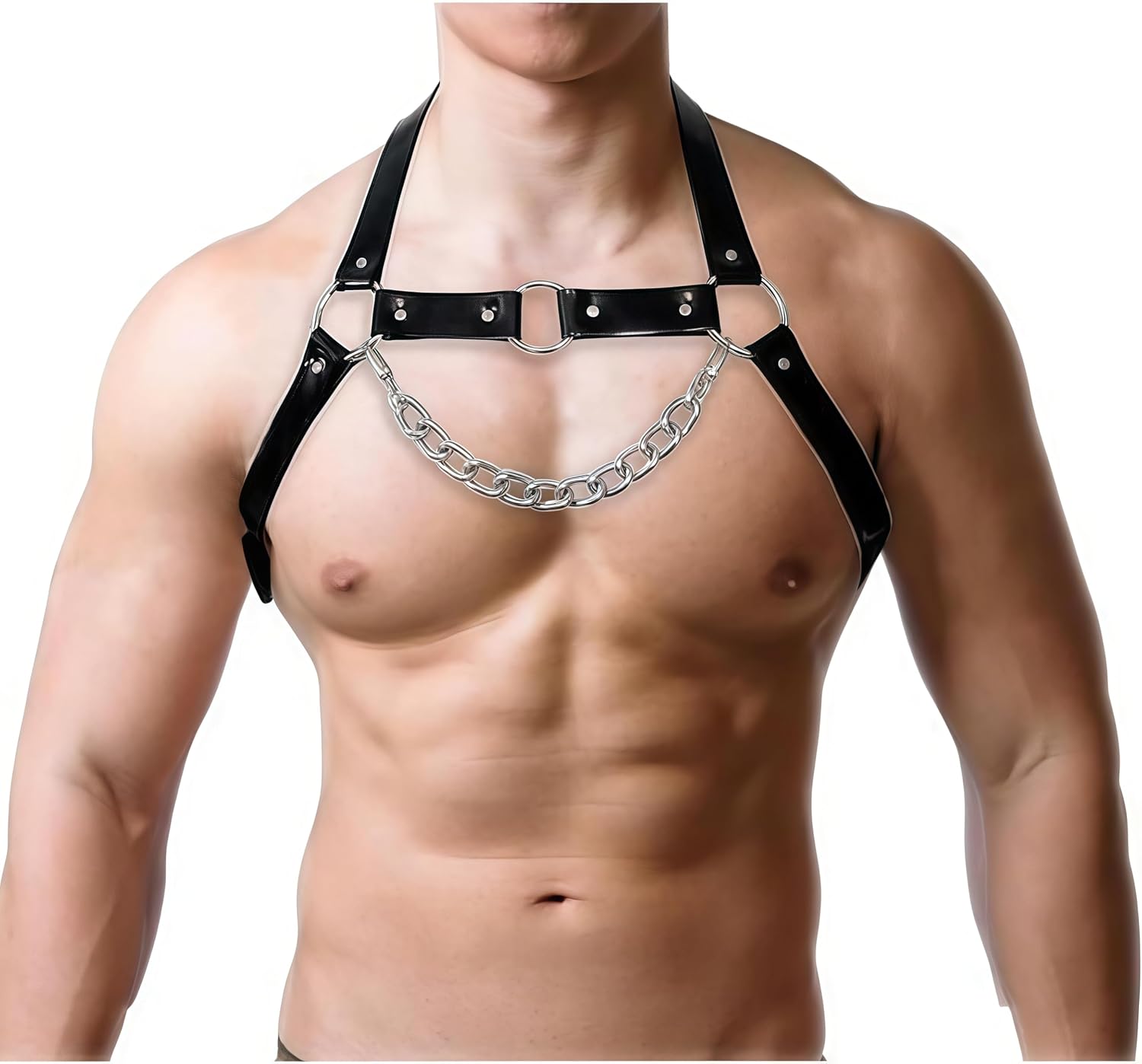 Men's Leather Body Chest Harness, Black, with Metal Chain and O-Ring, Adjustable Buckle Straps, Gothic Punk Style Men Gay Fetish Sexy Chest Harness Punk Gothic Slave Bondage