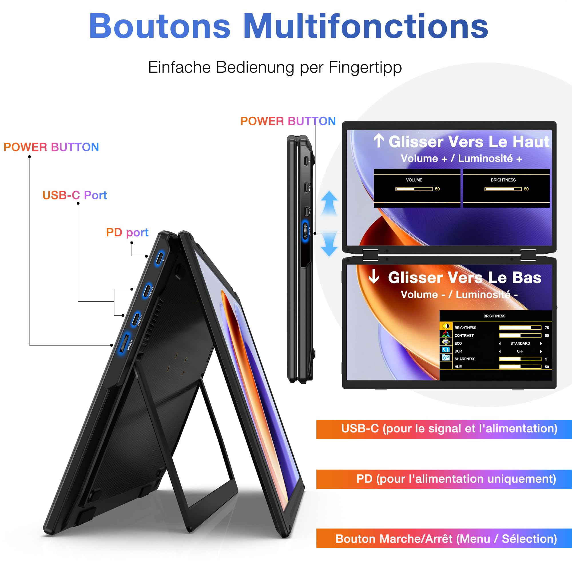 Kwumsy Double Écran Portable 15,6" pour PC Portable, Extension d’Écran USB-C FHD 1080P IPS, Triple Écran pour Ordinateur Portable, Écran Pliable 330° Rotatif, Plug & Play, Compatible VESA, Wins et Mac