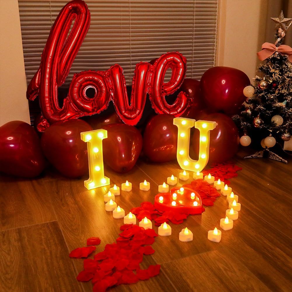 OUDE HOWER I Love U Light Letters Valentine Day Red Light Letters 24Pcs Flameless Candles 1000Pcs Fake Rose Petals 30Pcs Red Balloons 1Pcs Love Balloons for Valentine's Day Decoration