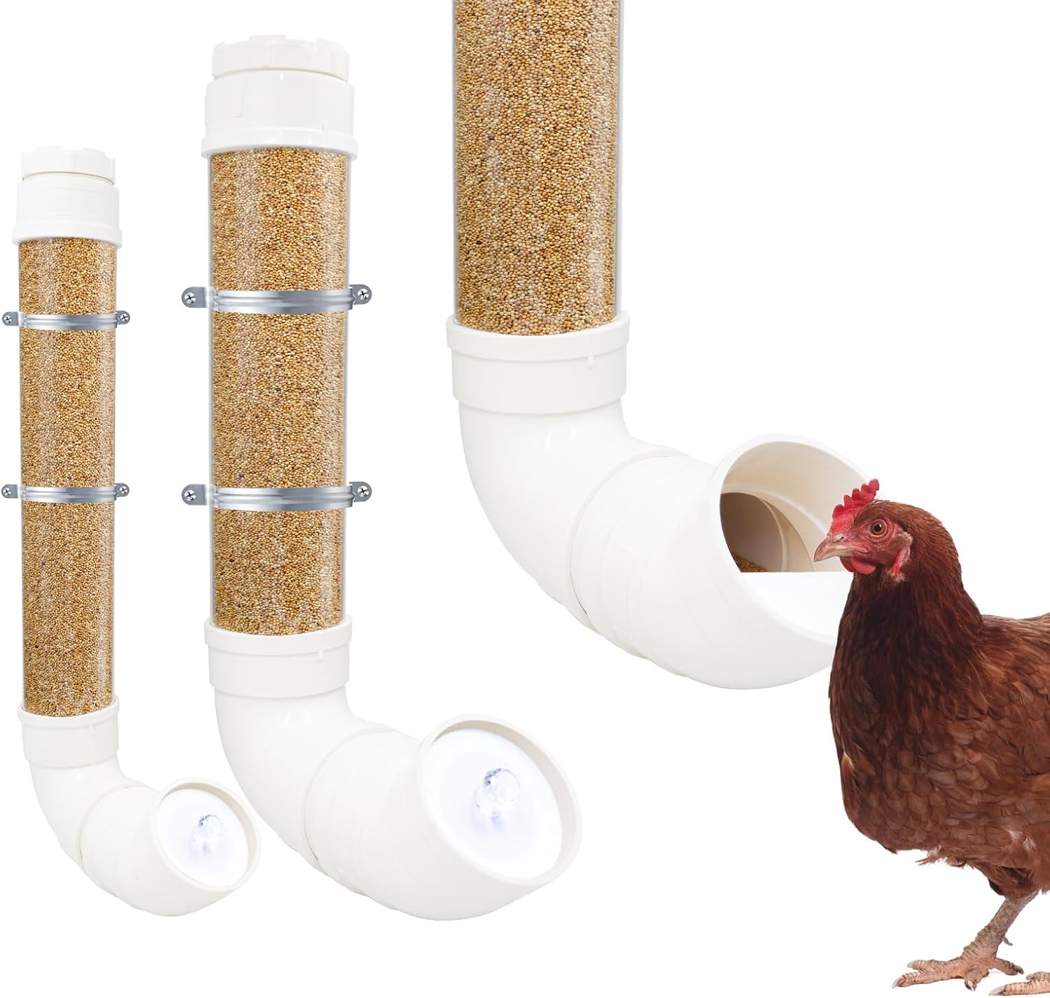 2-Pack Chicken Feeders No Waste, Chicken Feeder Kit with a Big One and a Small One, Automatic Chicken Feeder for Chicken Coop, PVC Gravity Poultry Feeders for Chickens, Ducks, Turkeys, Geese