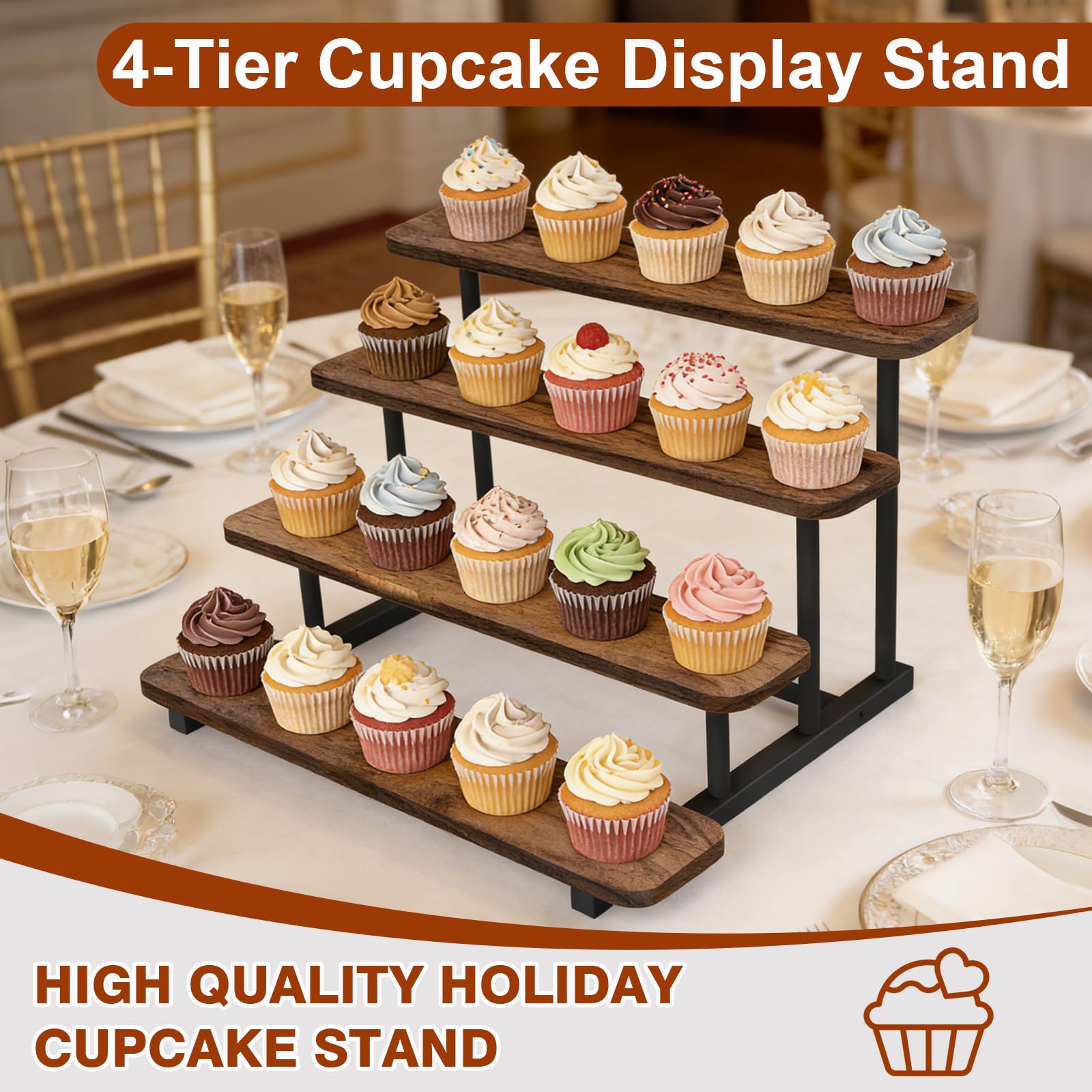 Alzatine per Cupcakes, 4 Livelli Alzata per 20 Torte Display, Porta per Dolci e Alzatine per Buffet, Supporto Espositore in legno per Dolci e Frutta, Nuziali Compleanno Partito Baby Shower