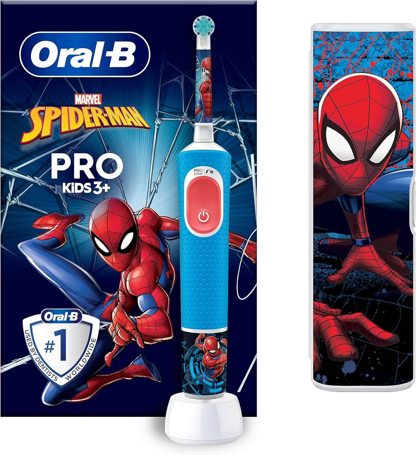 Oral-B Cepillo de dientes eléctrico Pro Kids, 1 mango con Marvel Spider-Man, 1 cabezal de cepillo de dientes, 1 funda de viaje, diseñado por Braun, para mayores de 3 años