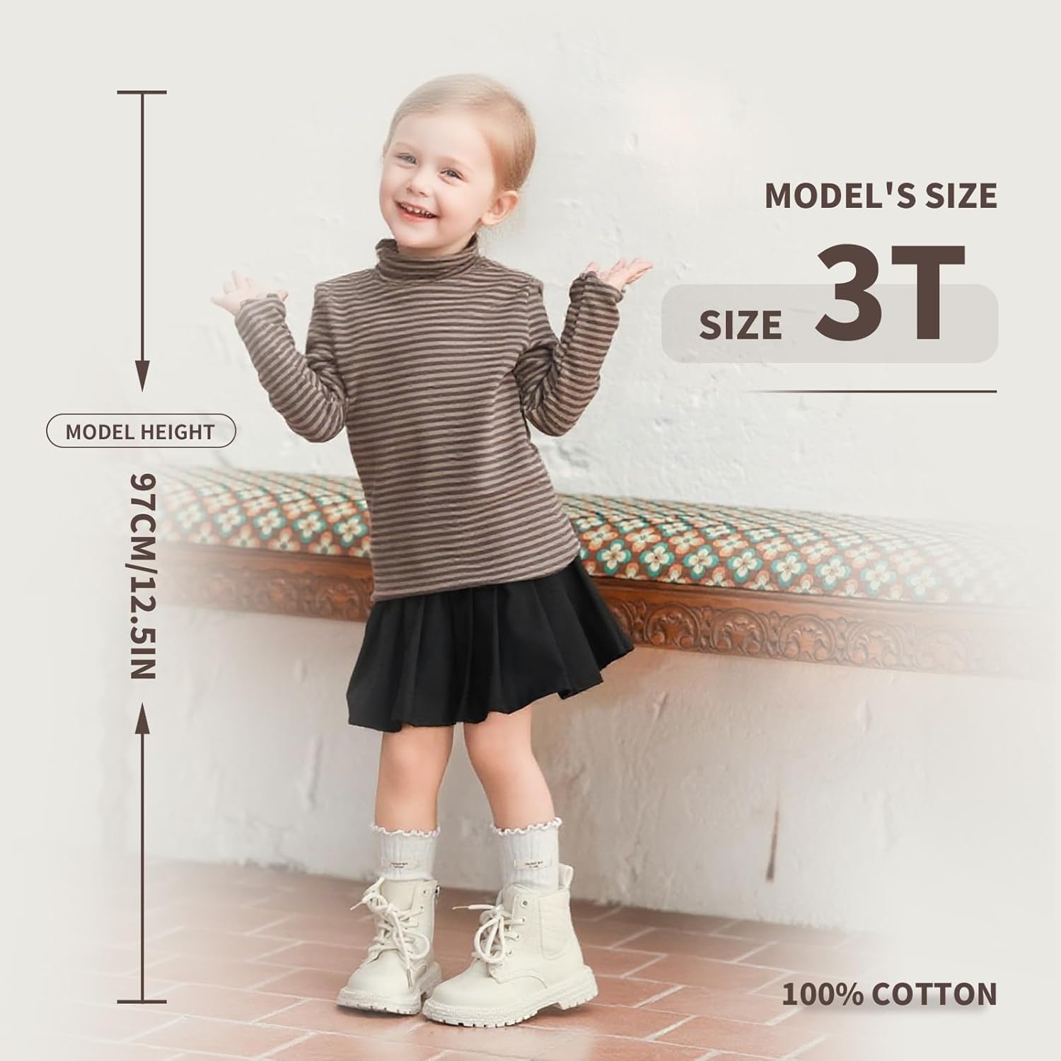 MINI PANDA Striped Long-Sleeved T-Shirt for Toddler, Ruffle high-Neck T-Shirt for Girls - Image 4