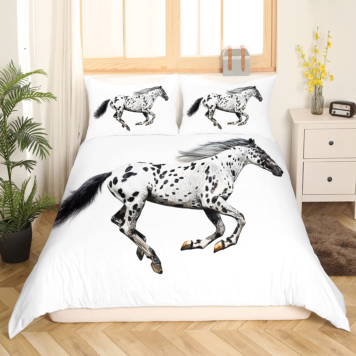 Ensemble housse de couette enfant poney blanc taupe avec cravates de lit