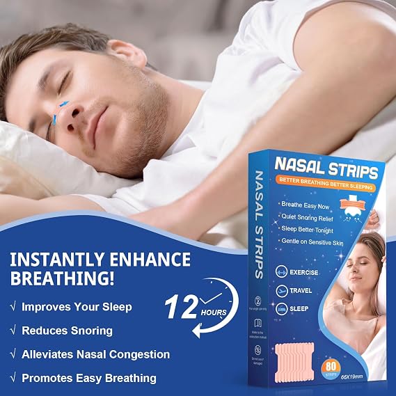 Nasal Strips 80 Pieces, Nose Strips Nose Breathing Strips, Snoring Aids for Men & Women, for Blocked Nose from Colds & Allergies, Promotes Smooth Breathing for Travel, Sleep & Sports