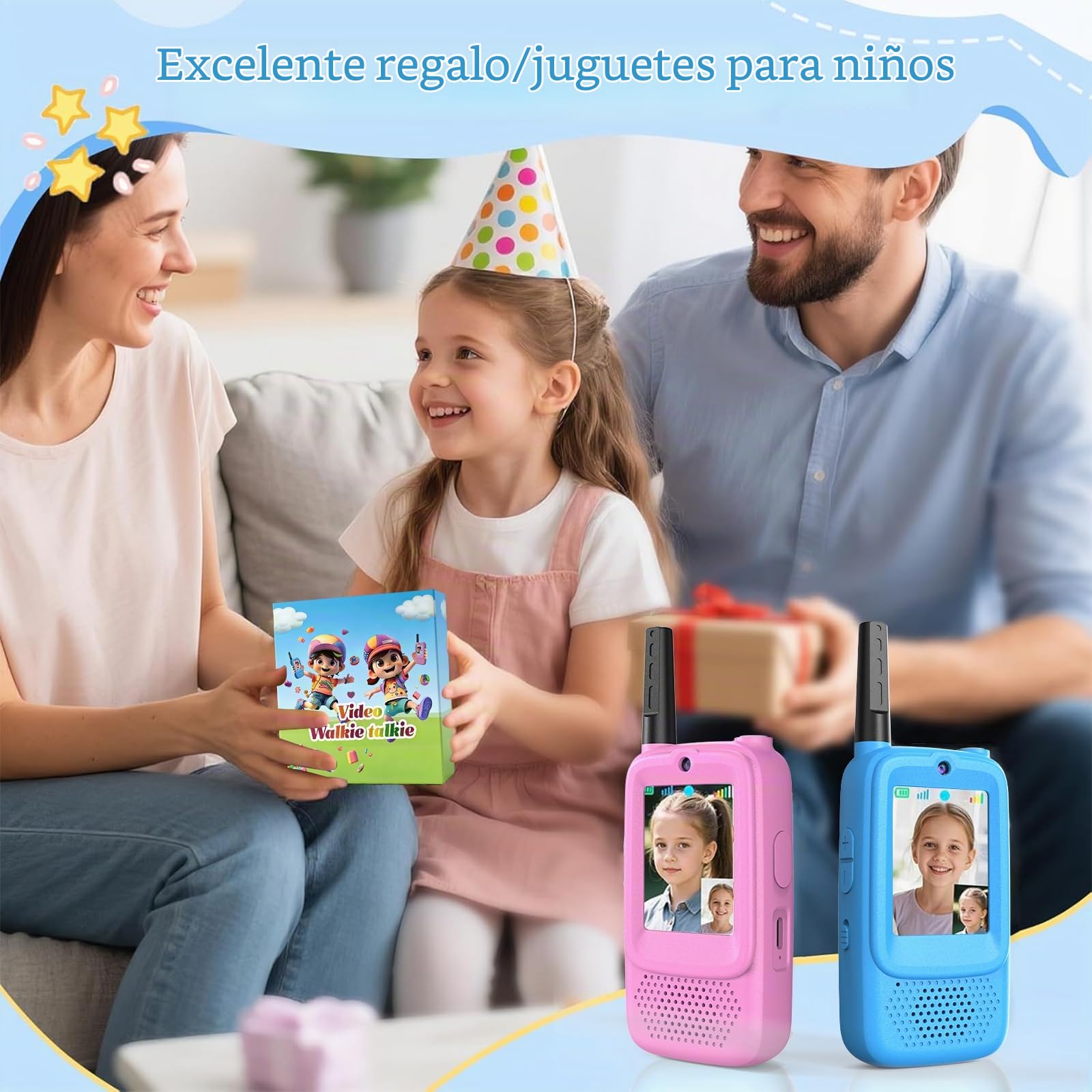 Walkie Talkies con Videollamada para Niños (Paquete de 2), Juguetes Recargables 3-8 Años, Largo Alcance 500m, Regalo Ideal Cumpleaños, Juegos al Aire Libre (Azul y Rosa)