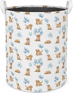 Blue Golden Retriever Laundry Basket with Handles,46L | Blue Balloons Golden Retriever Dog Laundry Hamper Waterproof Collapsible Clothes Toys Books Storage for Kids Room Bathroom
