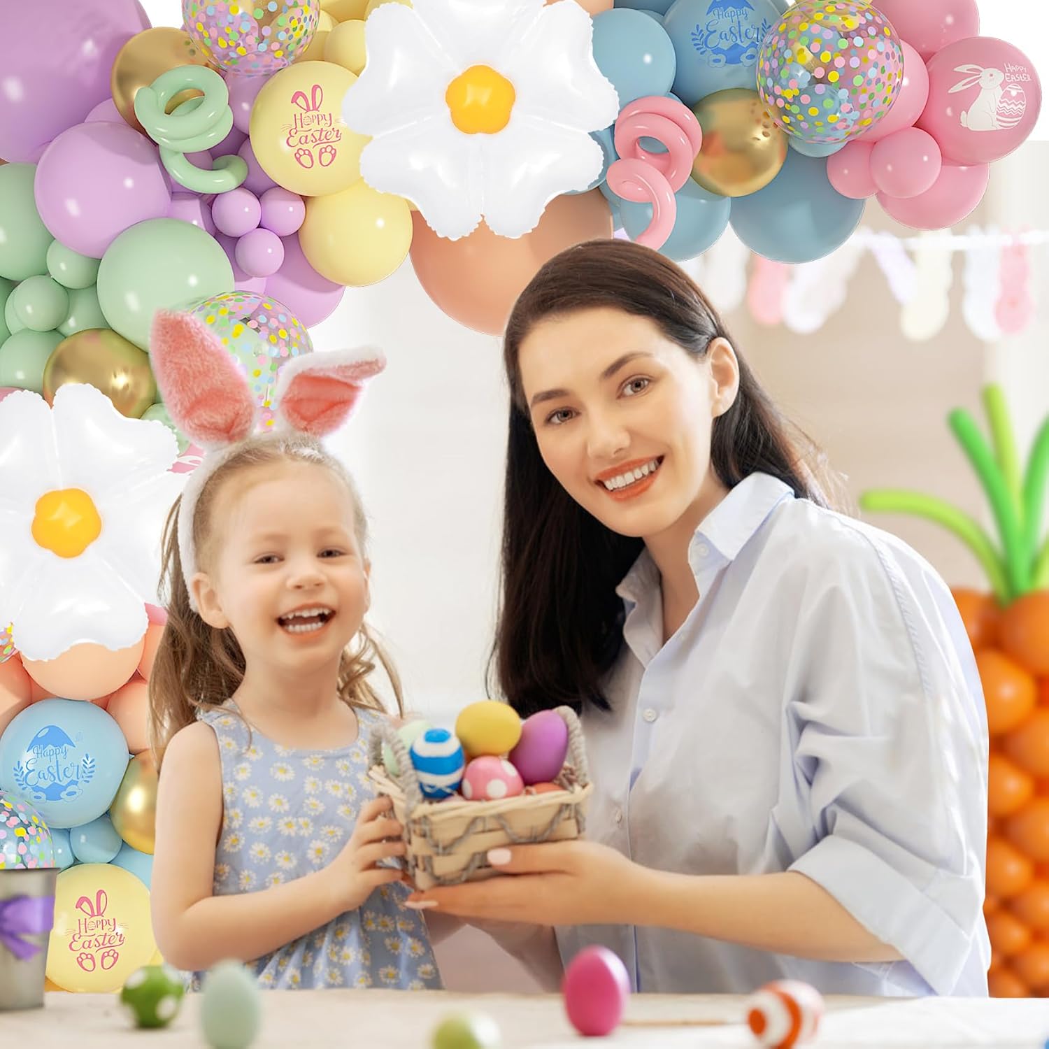 Ouddy Life 187 PCS Easter Balloons Arch Garland Kit, Easter Party Decorations with Daisy Flower Foil Long Pastel Printed Balloons for Spring Pastel Birthday Baby Shower Bunny Party Supplies Decor