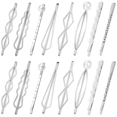 16 horquillas geométricas de metal para el cabello, elegantes pasadores de metal plateado para novia, pasadores de bobby adornados para mujeres y