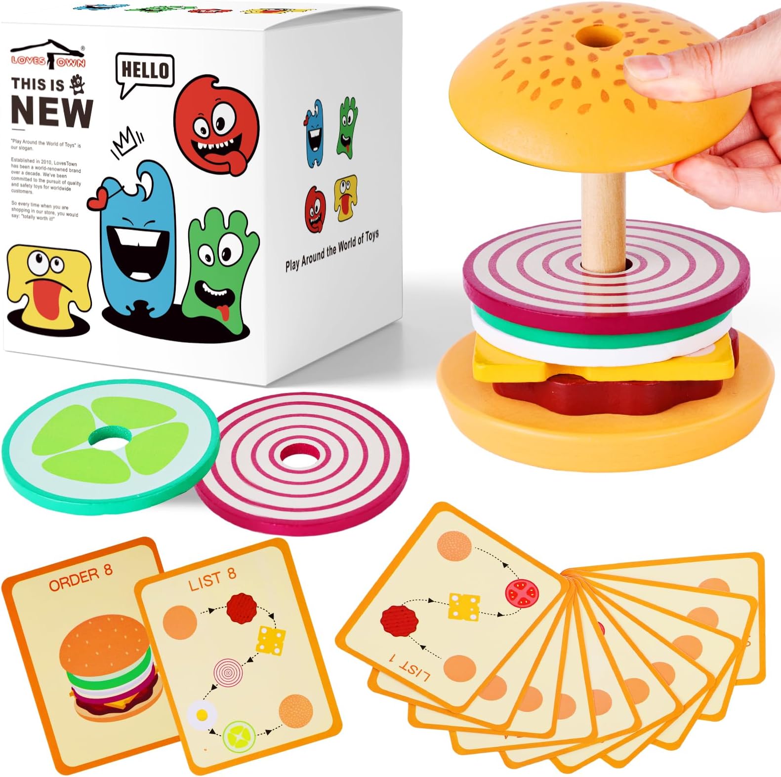 LovesTownWooden Burger Stacking Toys Montessori Educational Toys for Kids Preschool Learning Toys Toddler Birthday Gifts for Boys Girls