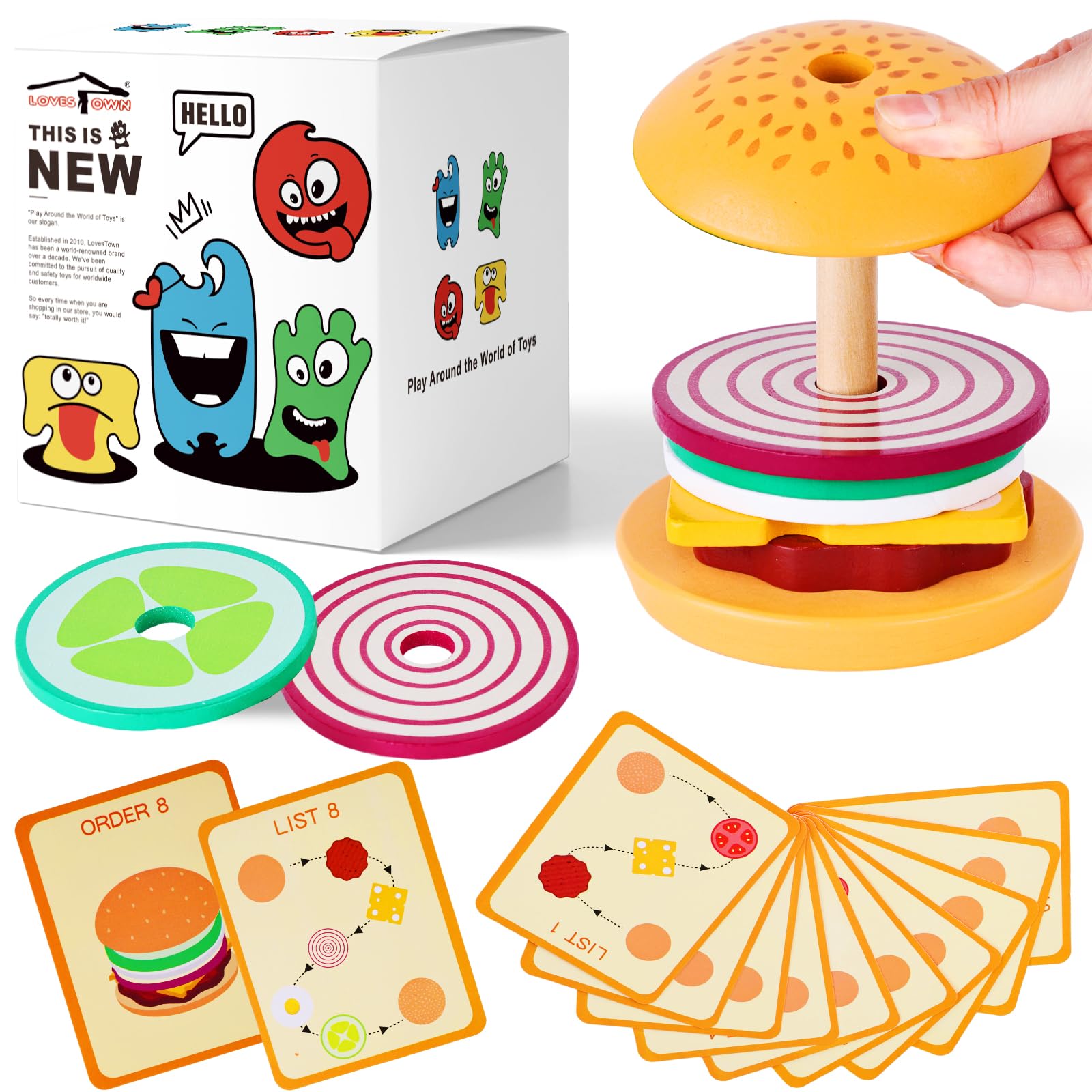 LovesTownWooden Burger Stacking Toys Montessori Educational Toys for Kids Preschool Learning Toys Toddler Birthday Gifts for Boys Girls