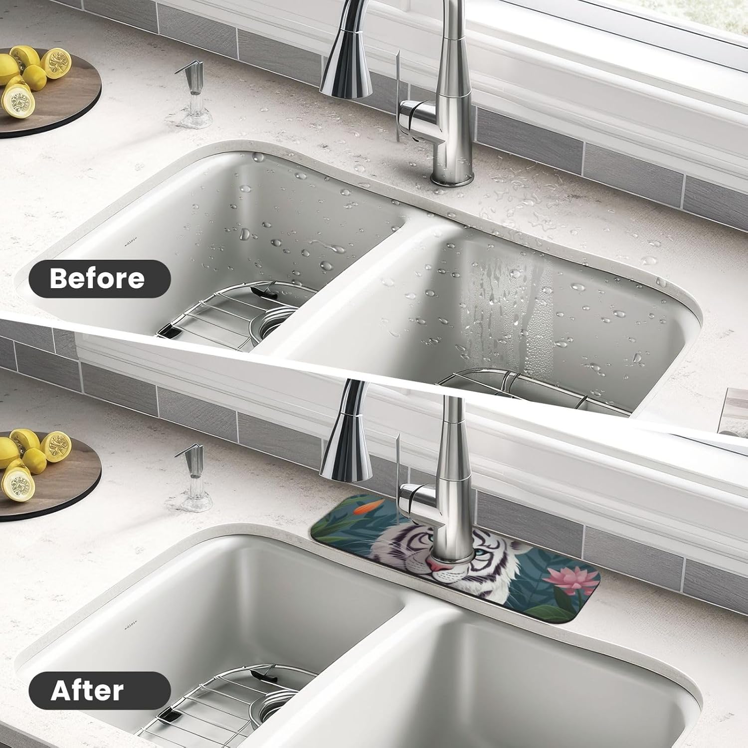 Faucet Mat for Kitchen Sink, Super Absorbent Sink Splash Guard, Fast Drying Mat Cute white tiger Sink Gadgets Splash Guard Behind Faucet Drip Catcher for Bathroom, 15"x 5.5" image 4