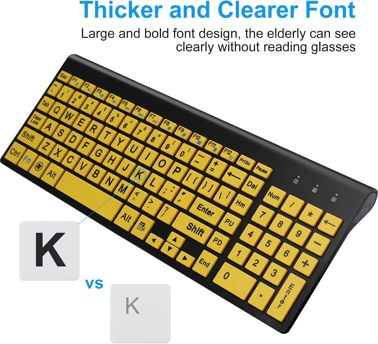 Kabellose Tastatur und Maus mit großen Buchstaben (Italienisch-Layout)| Leise | für Senioren und Menschen mit Sehproblemen und Sehstörungen-Gelb