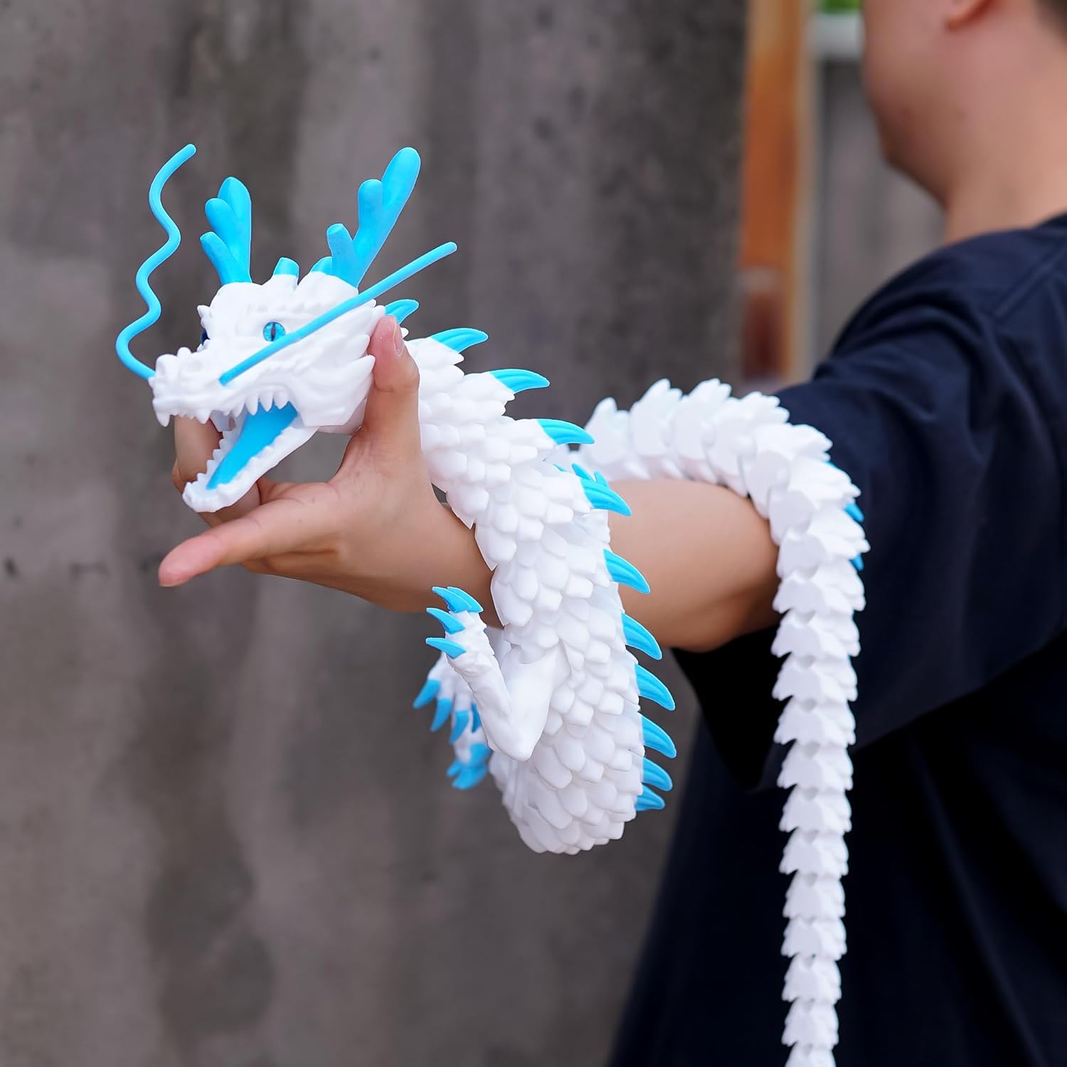 47.3inch Super Huge Large Dragon 3D Printed Dragon with Movable Mouth and Eyes,Flexible Realistic Articulated Animal Fidget Toys,Mystery Figurines Gifts,Executive Desk Décor Collectible (White-Blue)