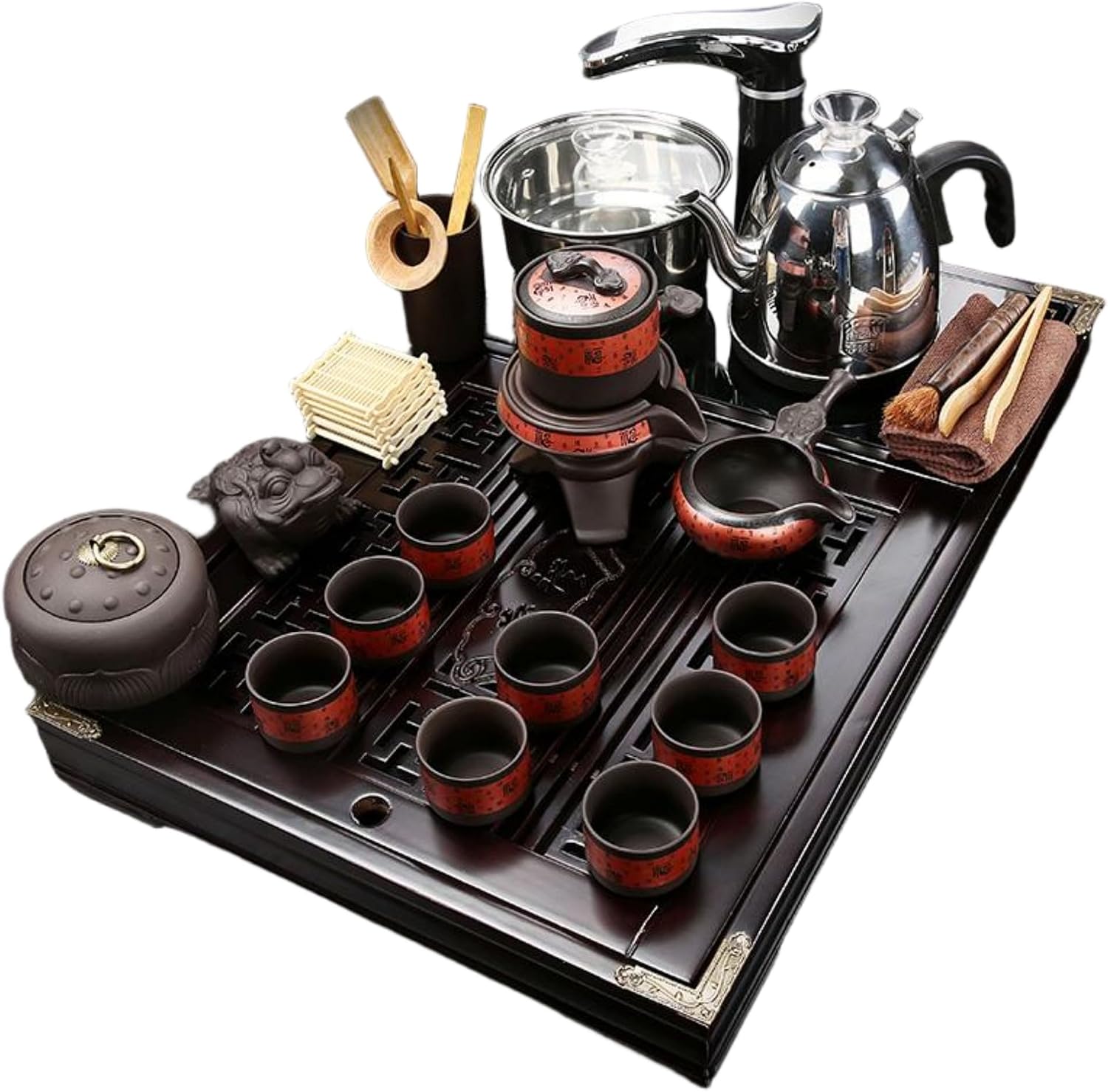 MOYEE 茶具套装家用小号 Solid Wood Tea Tray 实木茶盘 Chinese Gongfu Tea Tray Fully Automatic Tea Set,全自动一体茶台排水式托盘整套茶海简约 A2226