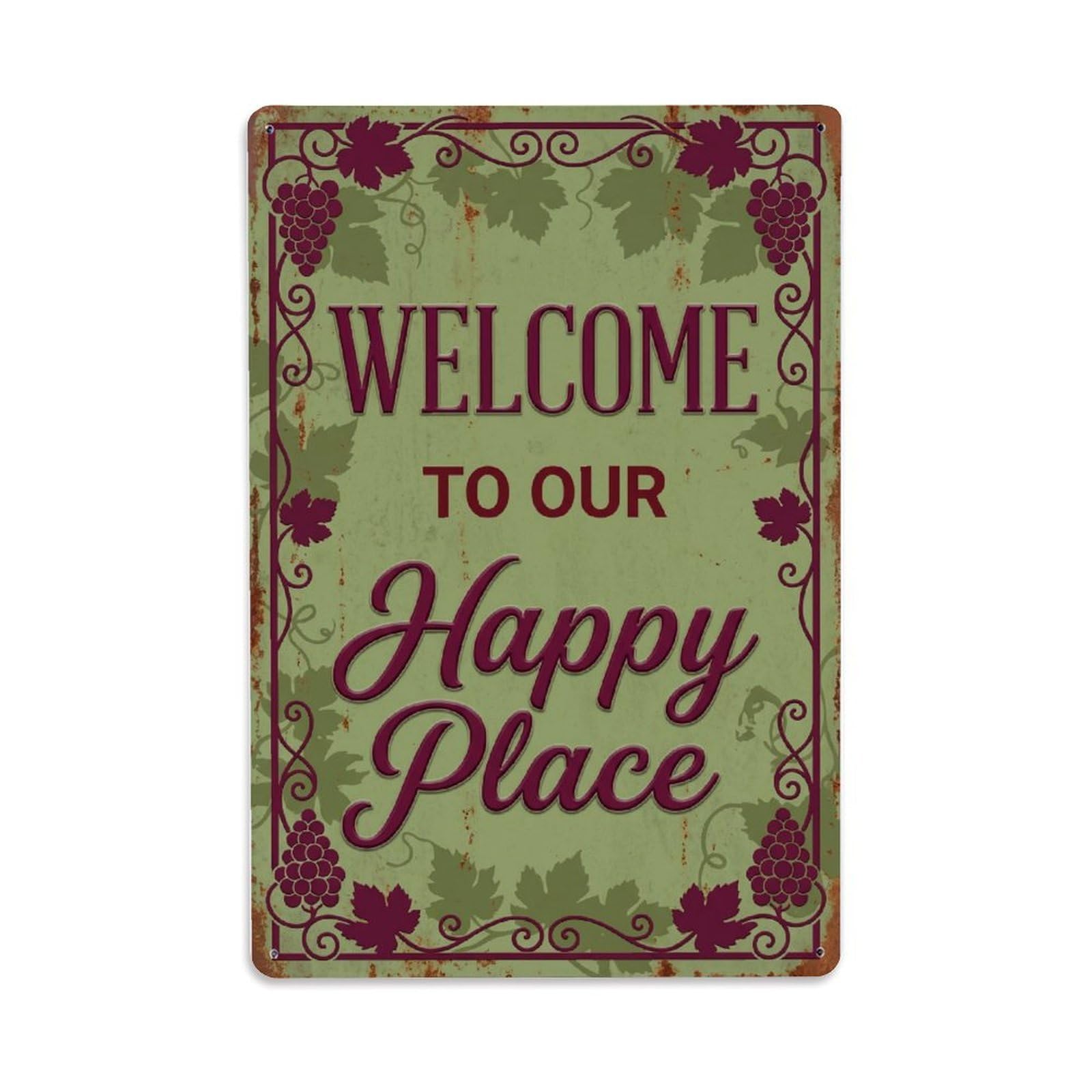 Welcome To Our Happy Place Wineberry Vineyard Metal Tin Sign Plaque Wall Decor for Cafe, Club Bar, Office, Home Garden Metal Poster 8x12Inch