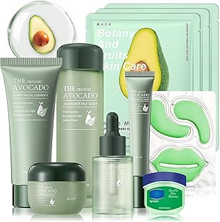 10 Pcs Avocado Skin Care Set with Facial Cleanser,Toner,Face Serum,Face Cream,Eye Cream,Moisturizing Lip Balm,Under Eye Patch and Lip Mask,Hydrating Face Sheet Masks Skin Care Facial Kit for Women