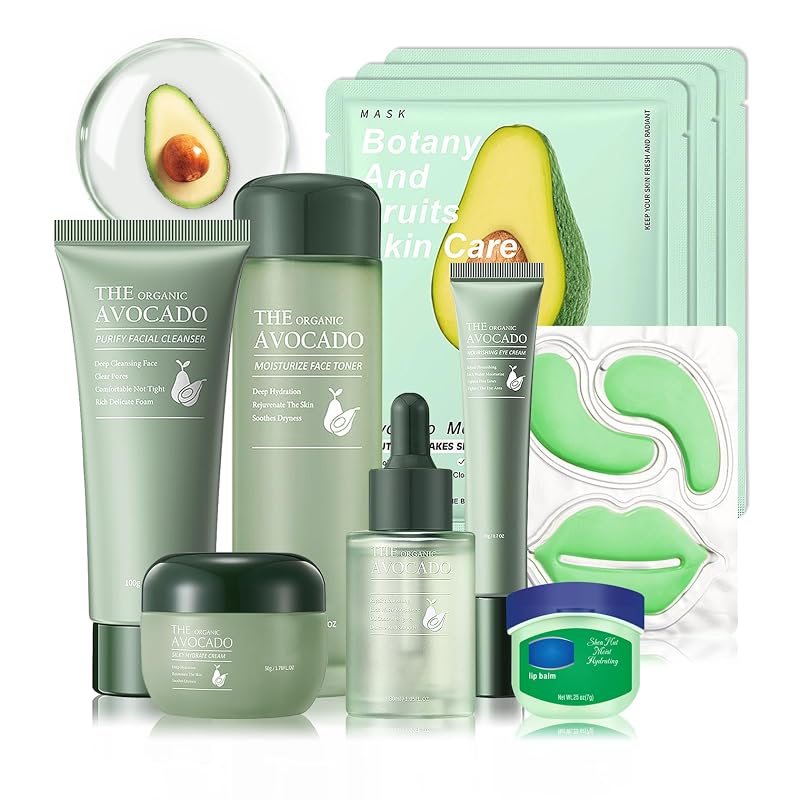 JunKuJK Conjunto de cuidados com a pele de abacate com produtos faciais e labiais, Pacote com 10 peças