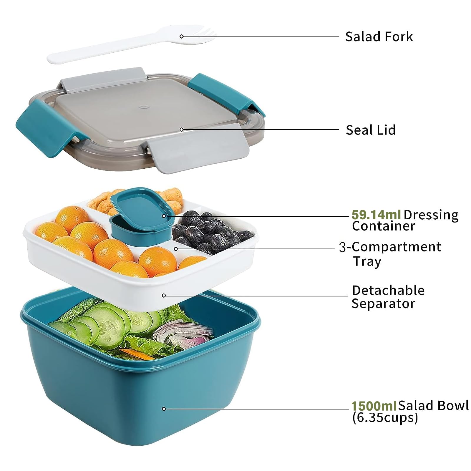 Greentainer Contenitore per insalata da 150 ml, senza BPA, 3 scomparti per condimenti e snack, cucchiaio riutilizzabile integrato, adatto al microonde (blu scuro)