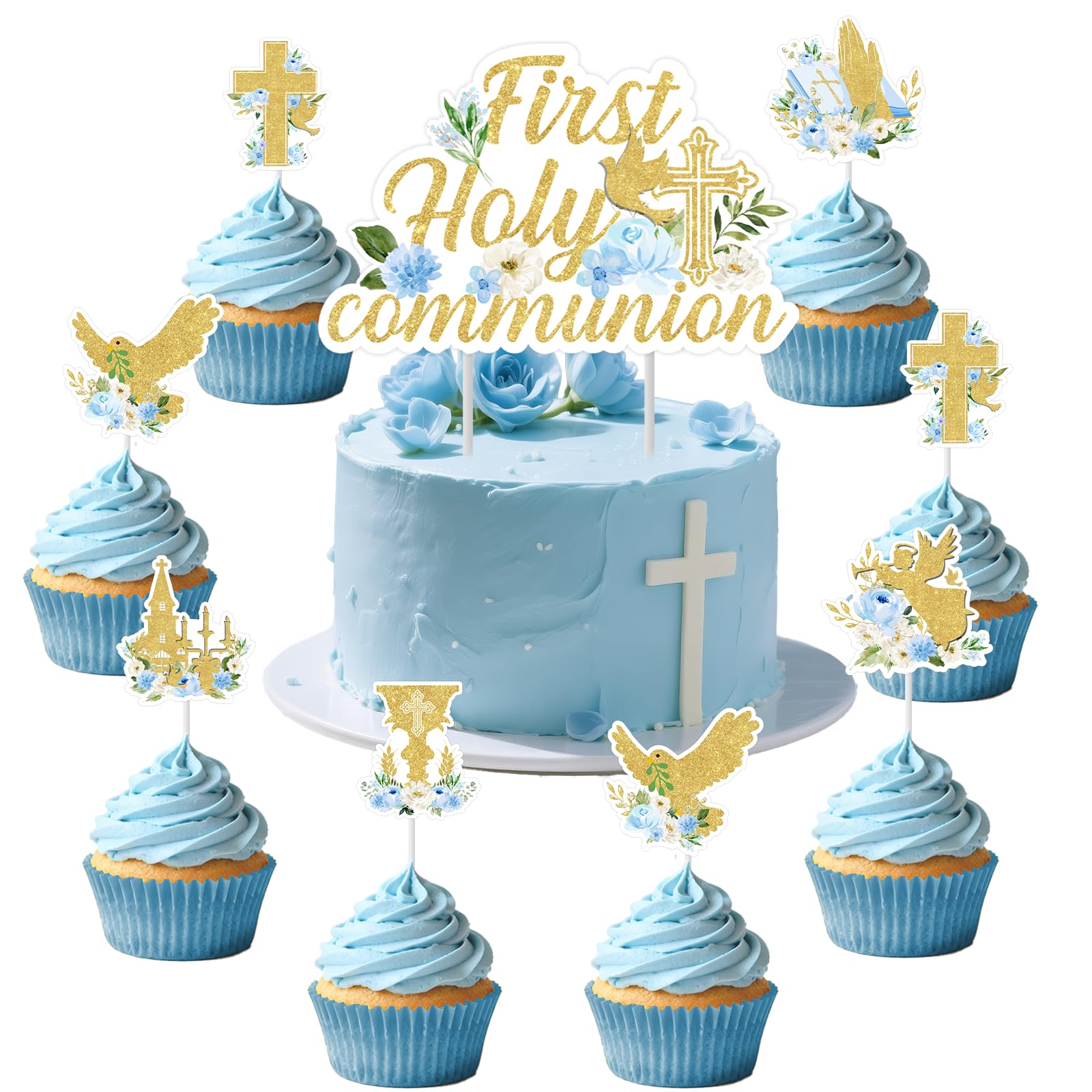 Jollyboom First Holy Communion Decorations for Boys Blue, 25pcs Holy First Communion Cake Cupcake Toppers Cross Dove Grail Cake Decor for Confirmation Baptism Christening Day Party Supplies