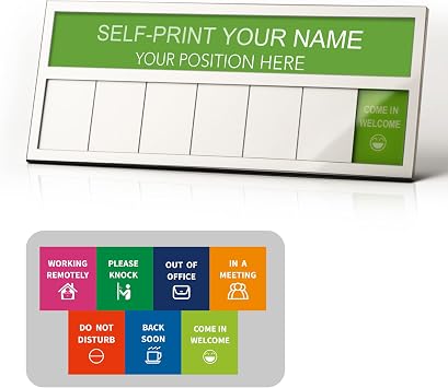 Name Plate for Desk& Office Door Sign, 7 Options Do Not Disturb, In A Meeting, Out of Office, Working Remotely, Please Knock, Come in Welcome, Stick or Stand with Desk Name Plate, Silver with icon