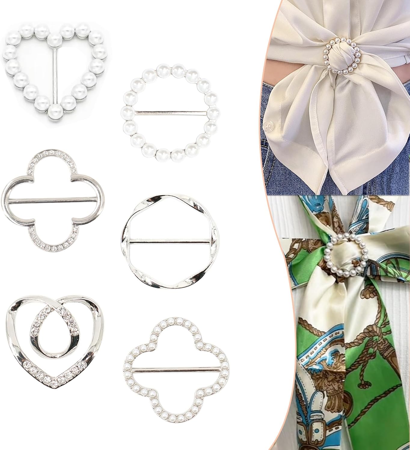 6 PCS Scarf Ring Clips for Women, T-shirt Ties Clips Silk Scarf Buckle Shirt Cinch Clip, Fashion Metal Clothes Corner Knotted Ring Slides