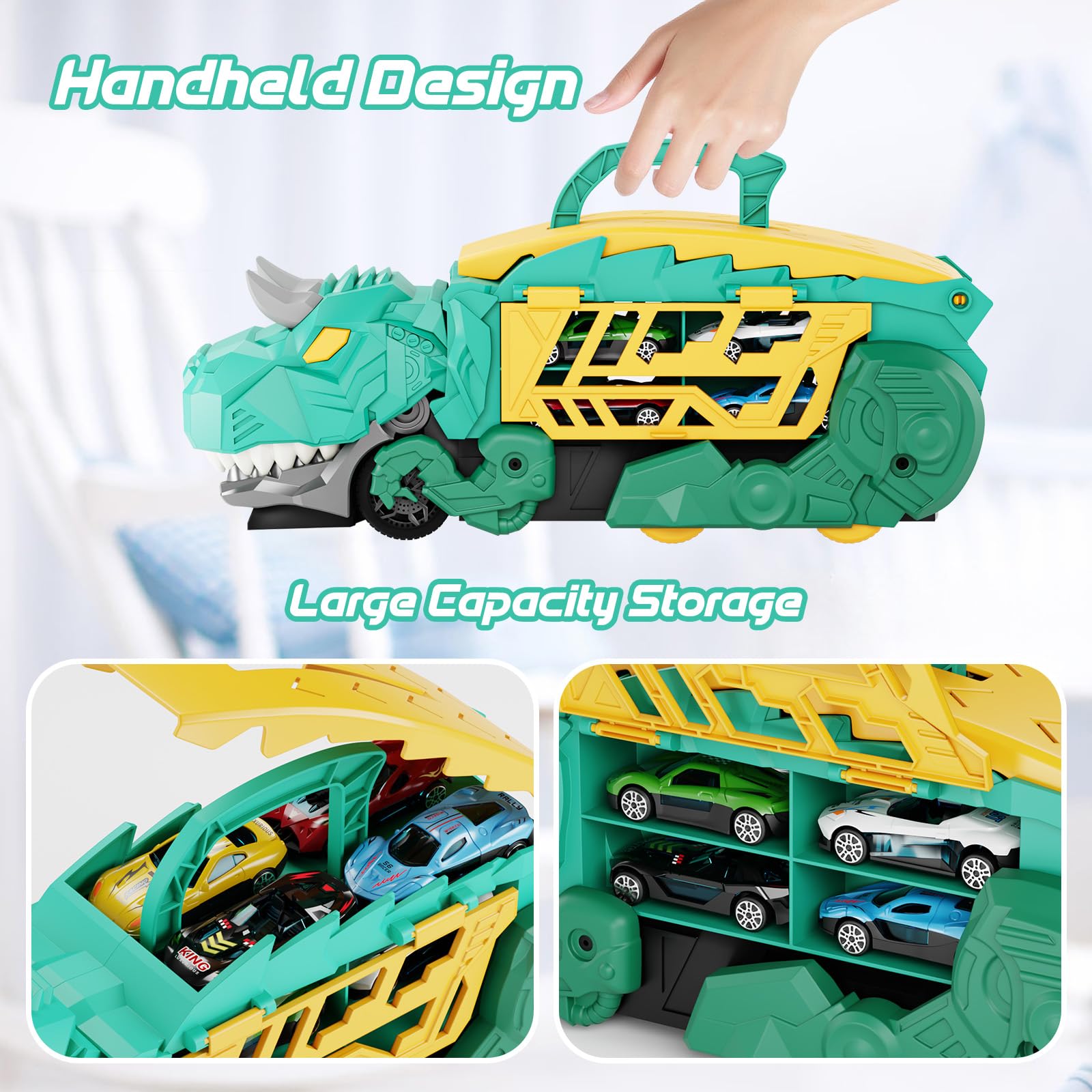 SHAWE Dinosaur Transporter Truck Toys for Boys Age 3-8, Portable Sliding Race Track Toy, 6 Racing Cars, Swallowing Action - Image 3