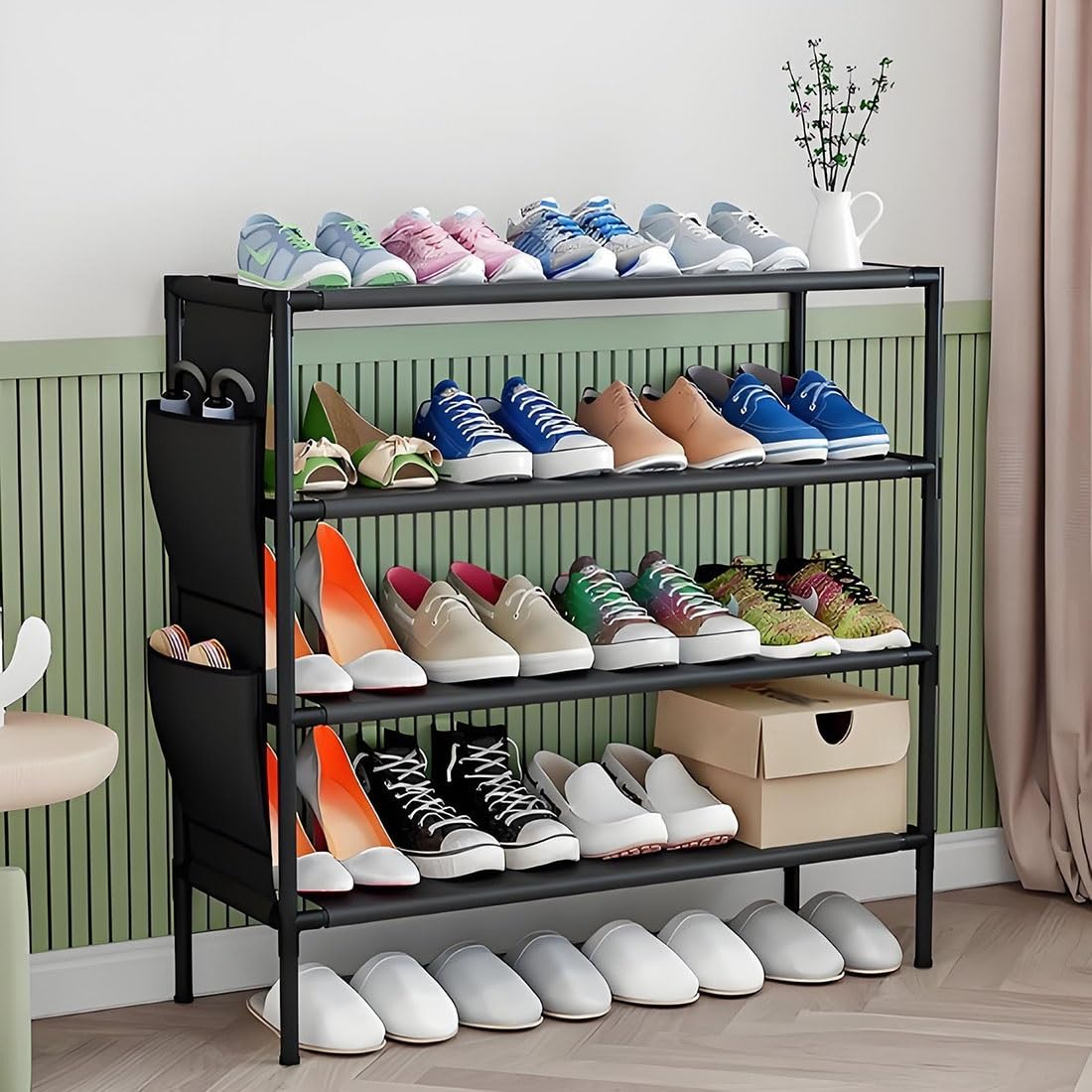 Scarpiera organizer – Mensola autoportante con tasche laterali e copriscarpe usa e getta, facile da montare, design salvaspazio
