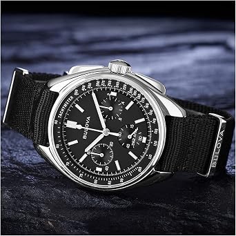 Bulova Men's Archive Series Lunar Pilot 6-Hand Chronograph High Performance Quartz Stainless Steel, Black NATO Strap and Sapphire Crystal Style: 96A225
