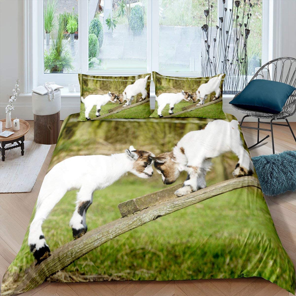 Homewish Kid Duvet Cover Super King Goat Comforter Cover Sheep Quilt Cover For Child Boys Girls Teens Farmhouse Animal Bedding Set For Kids Room Dorm Decotive Stylish Duvet Cover Green — image 1