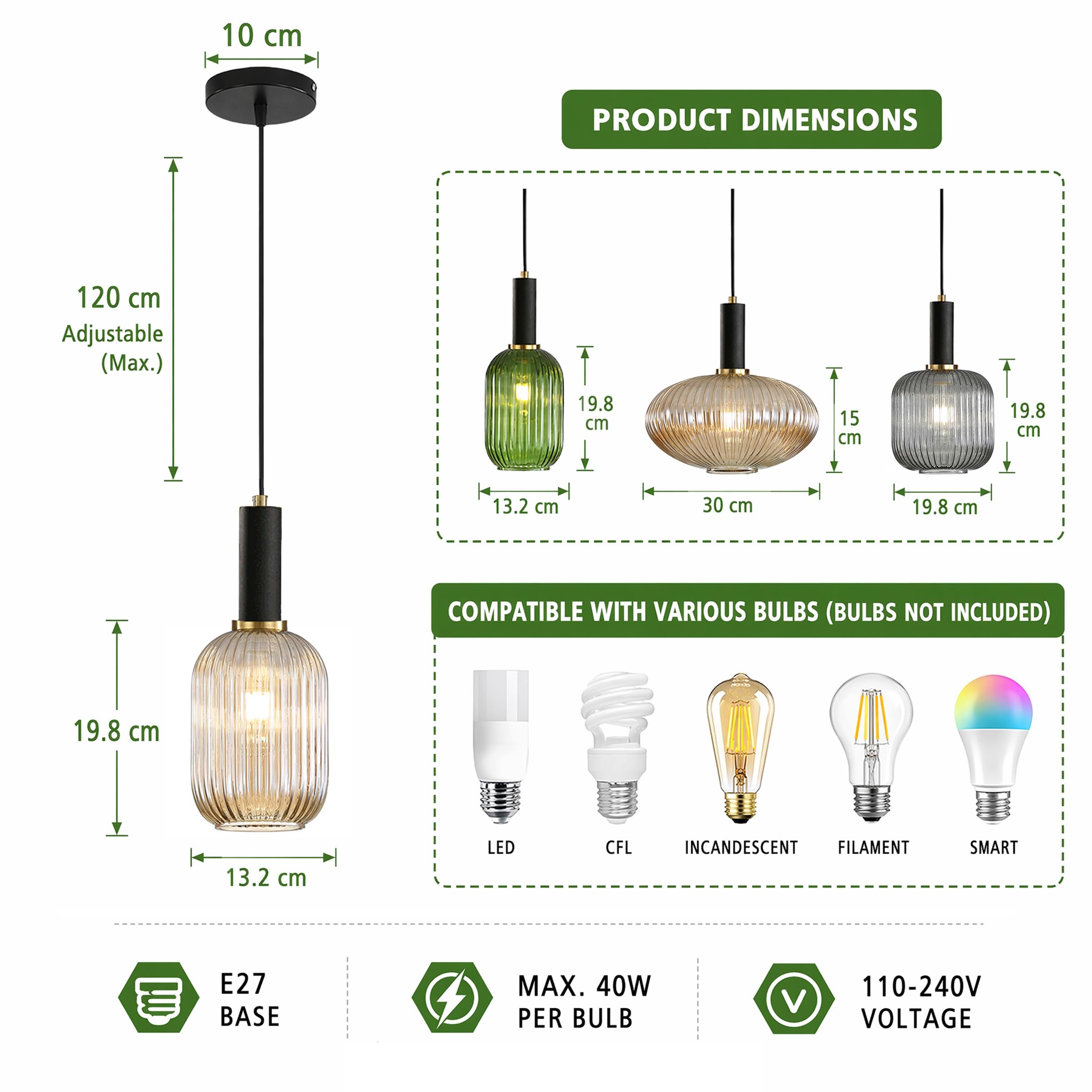 ESKED Suspension Moderne en Verre Strié avec Douille E27, Luminaire Suspendu pour Îlot de Cuisine, Salle à Manger, Chambre (Ambré, 13cm)