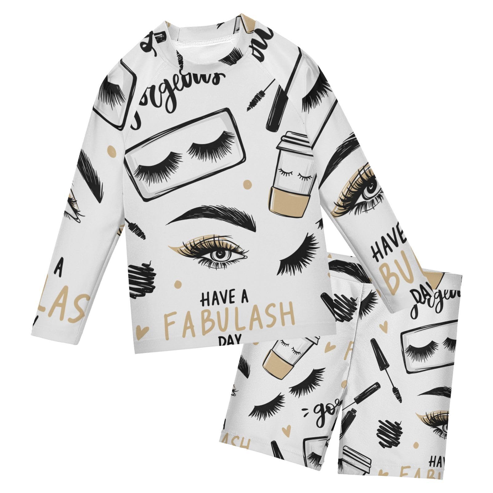 Aflyko Boys 2-Piece Swimwear Makeup Coffee Good Day Rashguard Set Swim Trunks with Shirt Soft Fabric Board Shorts Comfy for Everyday Swimmer, 5-6T