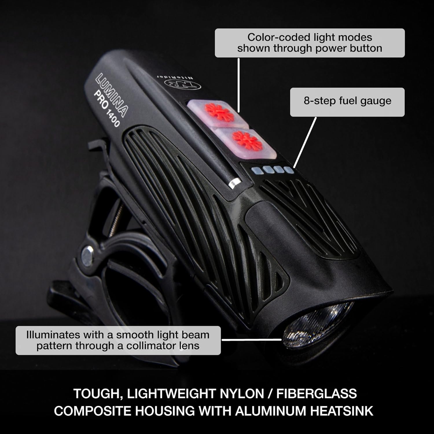 NiteRider Lumina Pro 1400 Lumen USB-C Rechargeable Front Bike Light - 8 Modes IP64 Waterproof FL1 Bike Headlight for Road Cycling, MTB, Commuter, Night Cycling Safety LED Bicycle Light Easy Mount