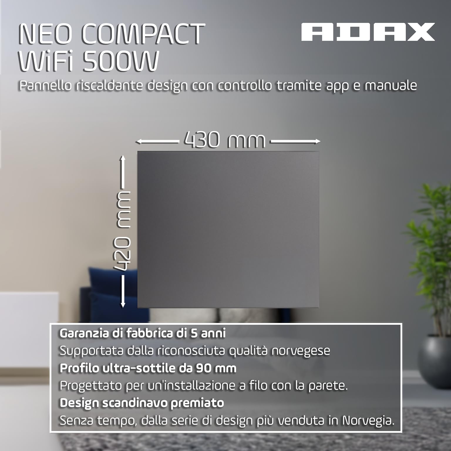 Adax Neo Compact - Convettore da parete intelligente WiFi - 500W | Controllo smartphone | Stufetta elettrica basso consumo bagno | Scaldino Elettrico | Altezza 420 mm | Grigio KWT | IP24C