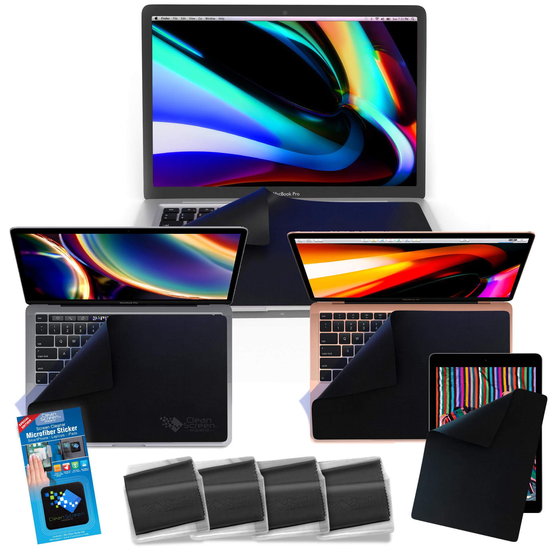 CLEAN SCREEN WIZARDWizDustCover Microfiber Cleaning Cloths 16”, 15”, 14”, 13” Keyboard Protection Computer Laptops Multi Size Screens/Keyboard Covers, 4 PCS (Black)