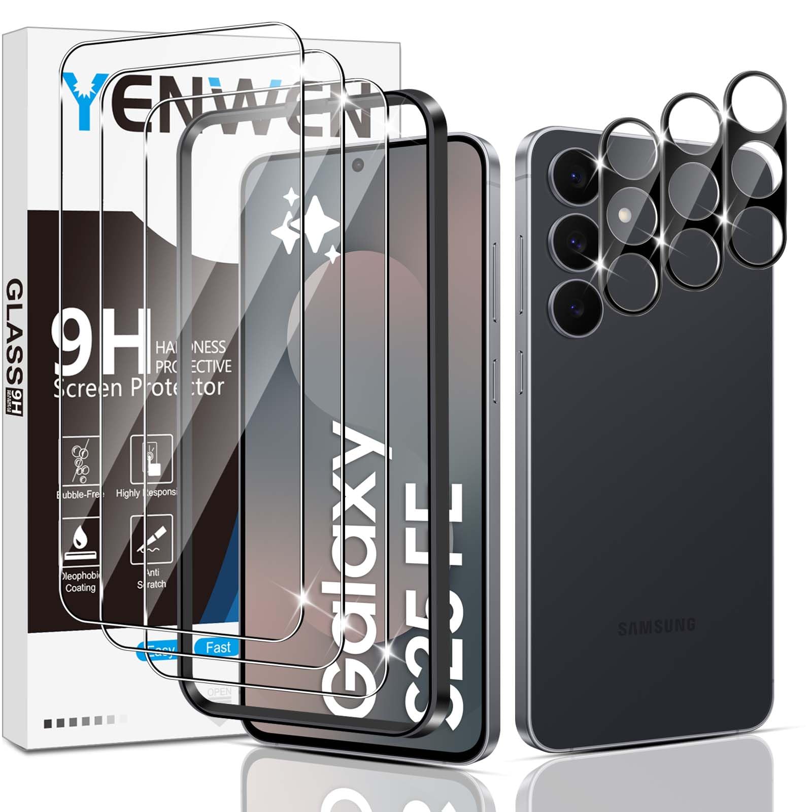 Yenwen Schutzfolie für Samsung Galaxy S25 Fe 5G für Panzerglas, 3 Stück Displayschutz mit 3 Stück Kameraschutz für Samsung S 25 Fe, 9H Härte Schutzglas Handy Folie HD Klar Panzer Schutz Glas