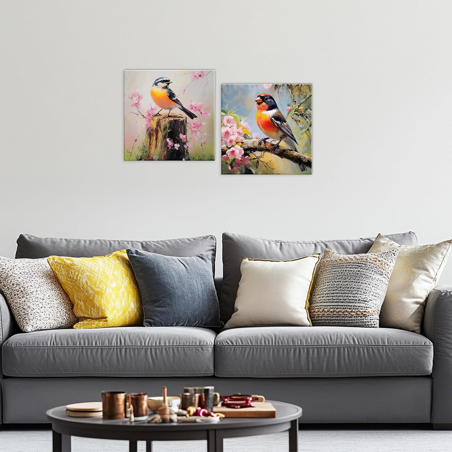 GLOKAKA Birds Canvas Wall Art 2 Panel Sparrow Stand On The Tree Stump Picture Print Colorful Wildflower Natural Landscape Painting Modern Artwork Home Decor(Artwork-4,20"x20"x2pcs)