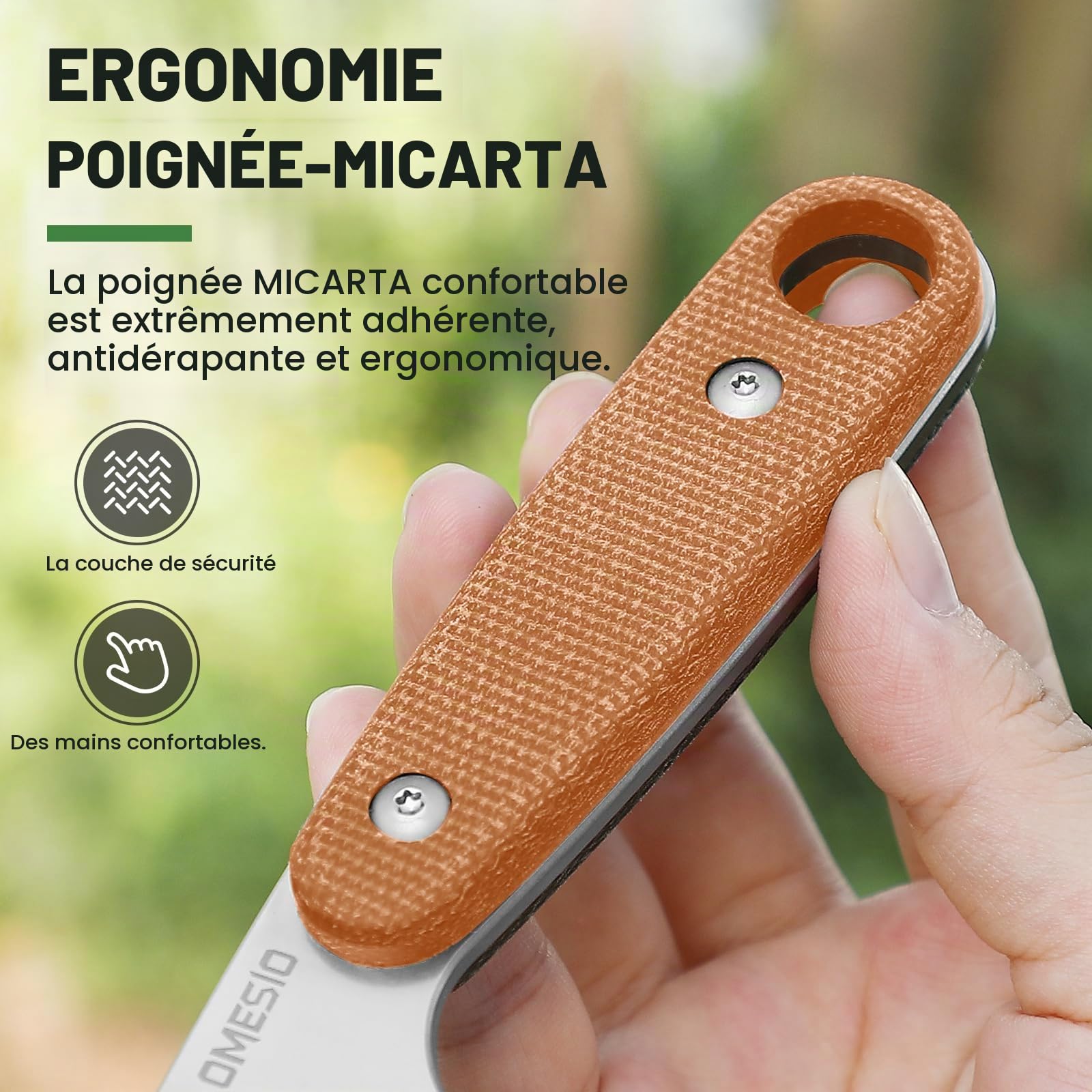 Omesio Petit Couteau Ceinture 14C28N Full Tang Micarta Kydex | Manche Micarta robuste, étui Kydex inclus. Idéal survie, randonnée, camping, cadeau homme.
