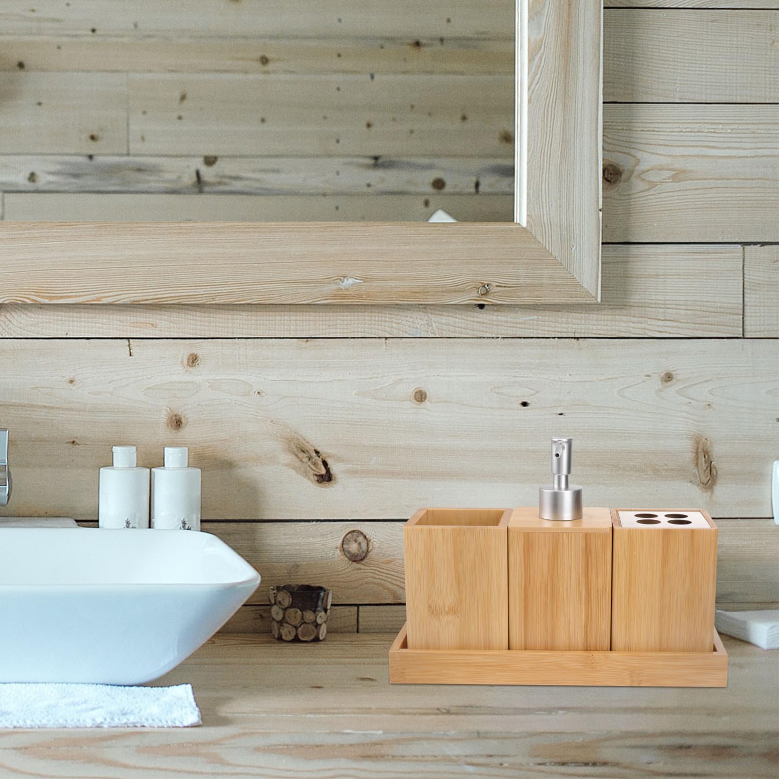 Set Accessori Bagno Bamboo 4 Pezzi in Ceramica e Legno | Marrone e Argento, Stile Elegante, Organizzazione per Lavabo e Ripiano, Formato Coordinato per Uso Quotidiano