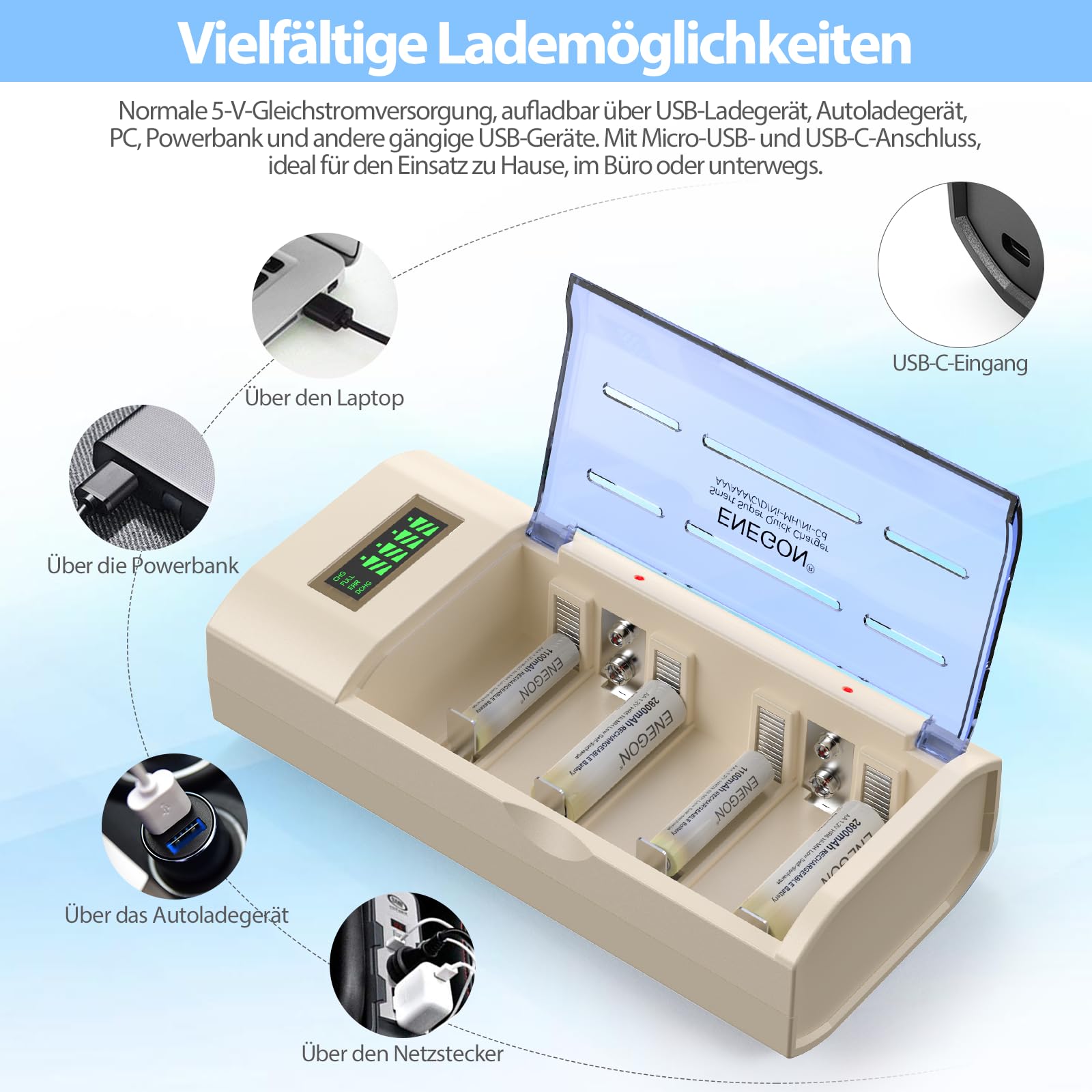 ENEGON Batterie Ladegerät–Universal Akku Ladegerät & Battery Charger für AA/AAA/C/D/9V NiMH/NiCD wiederaufladbare Batterien –mit LCD Display, Entladefunktion und 4 Ladeschächten(Kein Adapter)