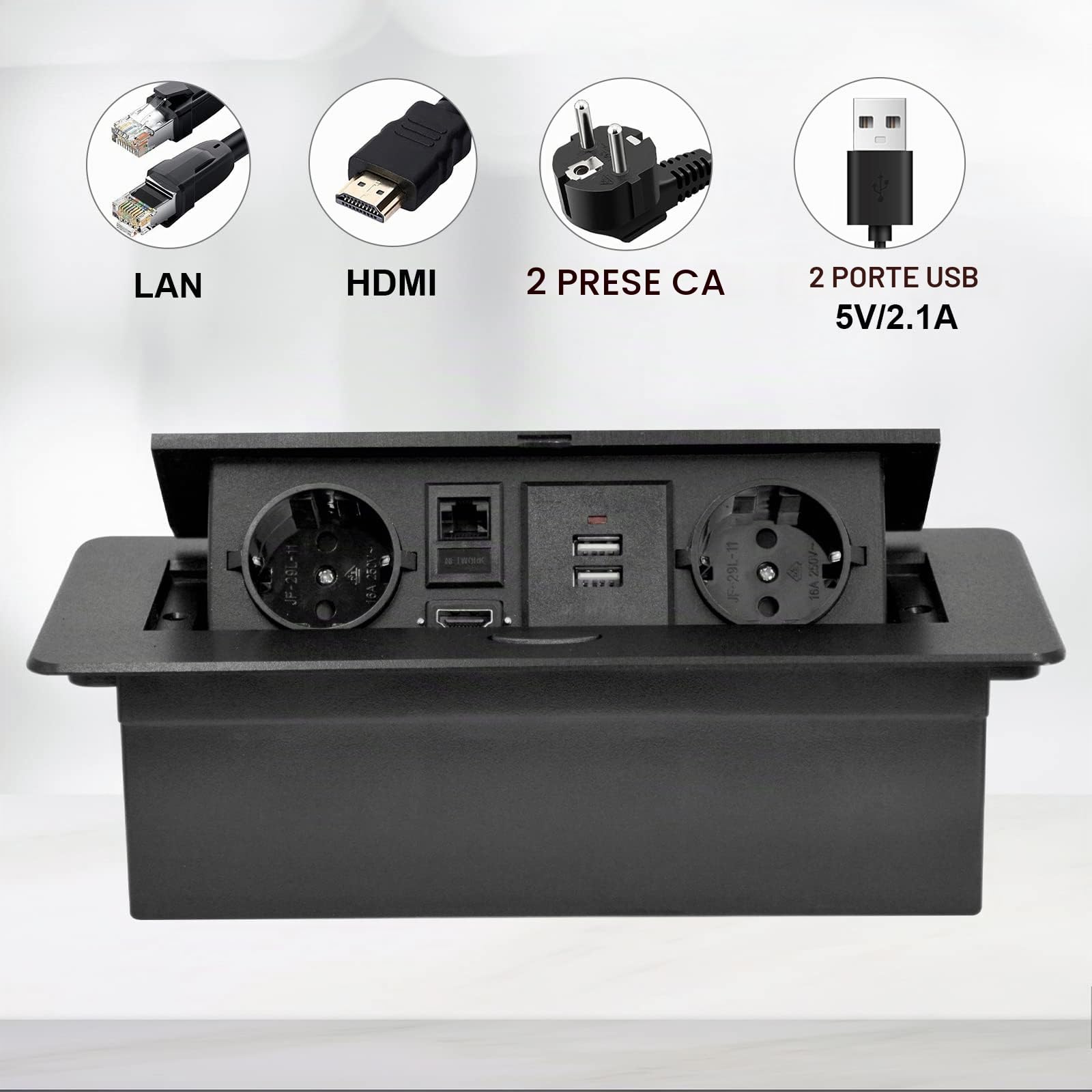 Presa a Scomparsa da Incasso,Multipresa a Scomparsa con 2 Standard Norma Europea,2 USB,Interfaccia di rete HDMI TD,Salvaspazio Per Ufficio e Piano Di Lavoro,Cavo 1,8M