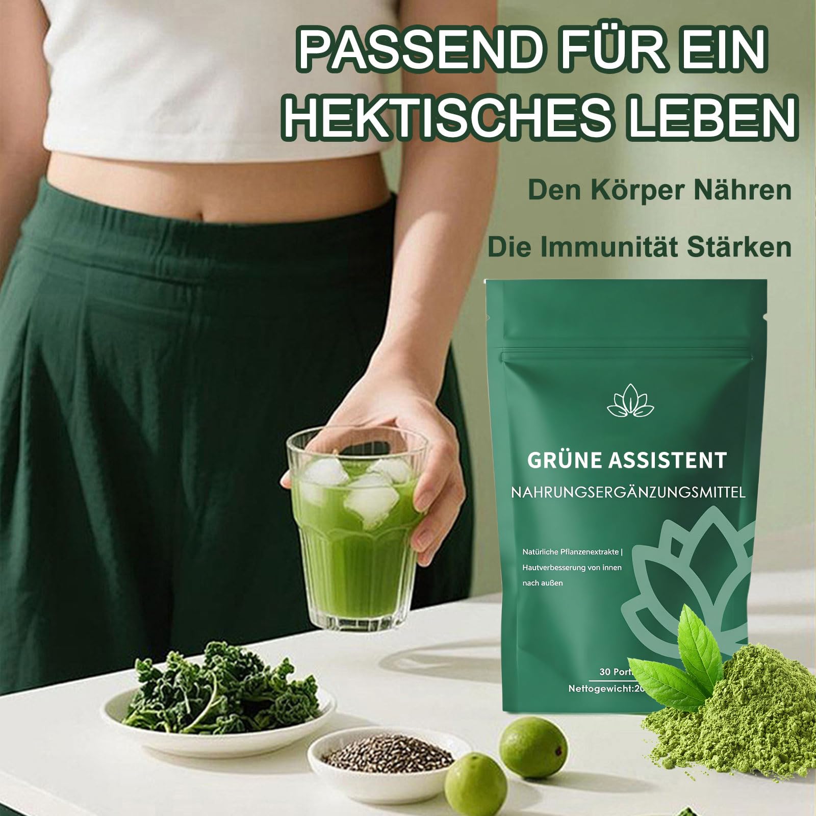 2 Pack Grünes Superfood Pulver 200g, Grüne Entgiftungspulver, Natürliches Pflanzenpulver mit Matcha, Spirulina, Gerstengras & Heidelbeeren, Für Energie & Stoffwechsel (Grüne*2)