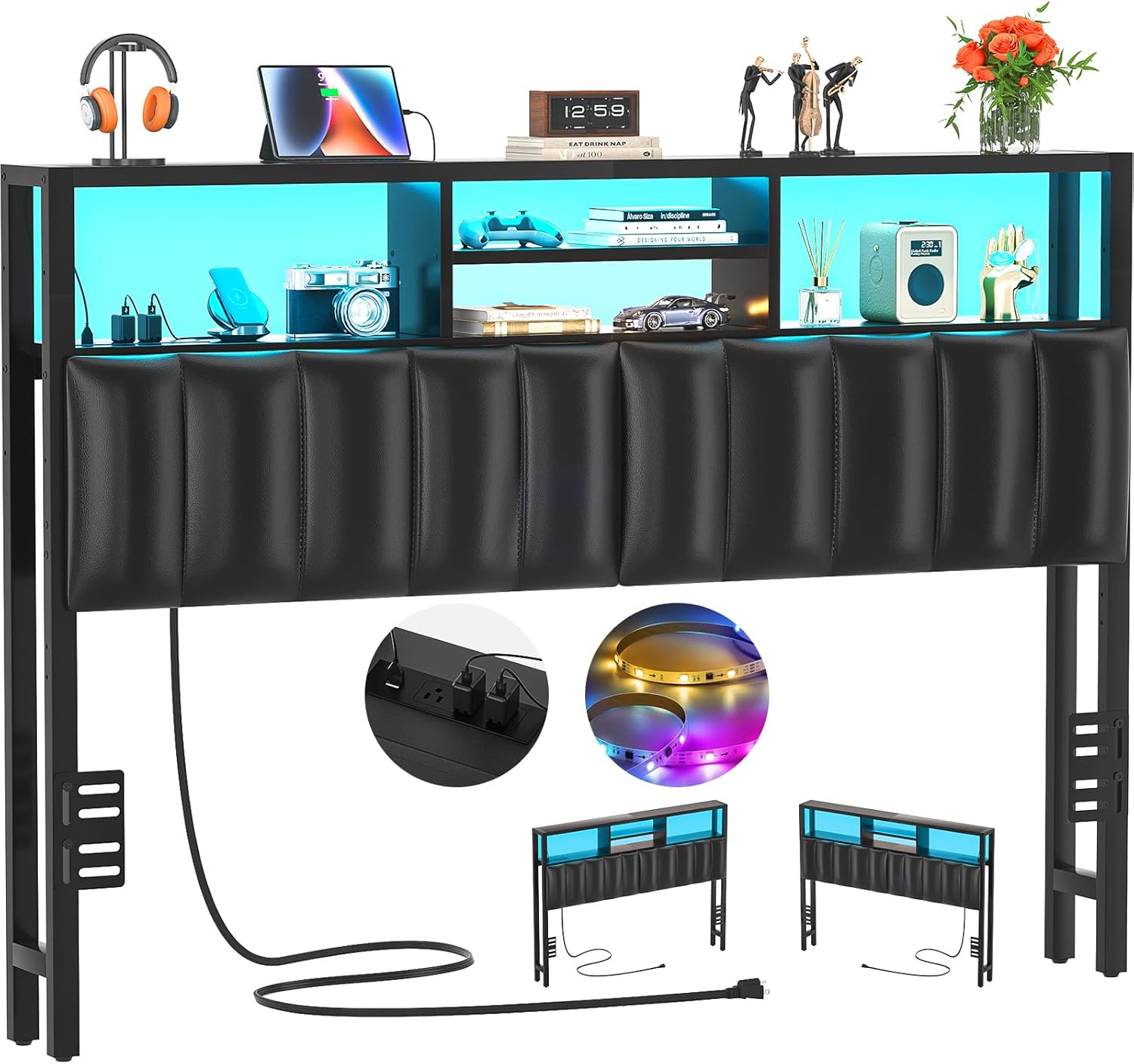 Aheaplus Headboard for Queen Size Bed with Storage, Upholstered Headboards with Outlets, USB Ports and LED Light, Reversible Queen Size Head Board, Height Adjustable, Comfortable Headboard, Black Queen Upholstered Black