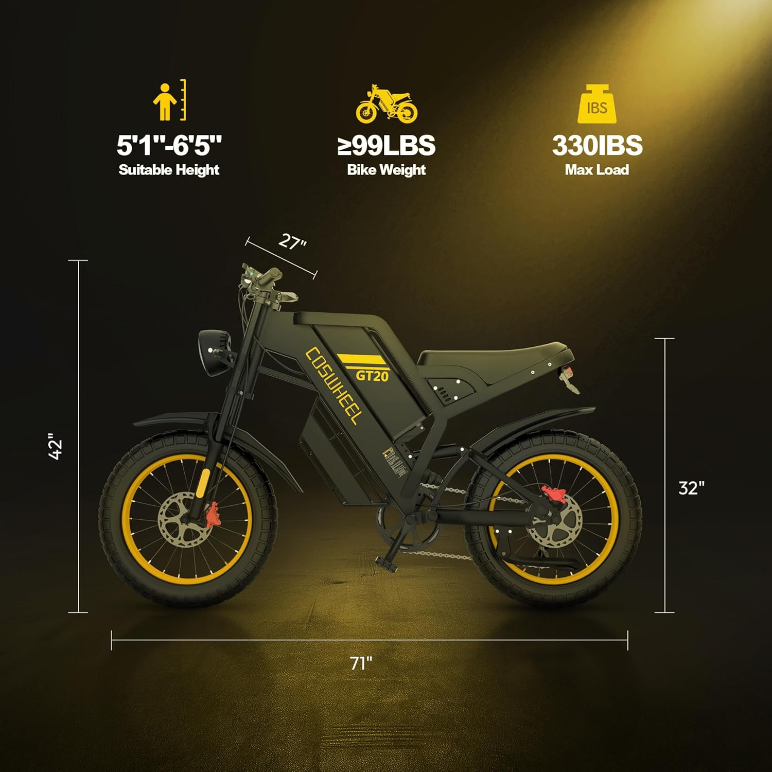 COSWHEEL 2000/4000W Electric Bike for Adults, 32/40MPH Max Speed, 48V 25/40Ah Battery, 20" Fat Tire Electric Dirt Bike, Dual Hydraulic Brakes, Full Suspension Ebike for Commuting & Off-Road