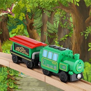 Battery Operated Locomotive Train Set for Wooden Train Track Electric Remote Control Magnetic Train Vehicles Toy Powerful Engine light Train Cars Toy Sets for Kids Toddler Gift