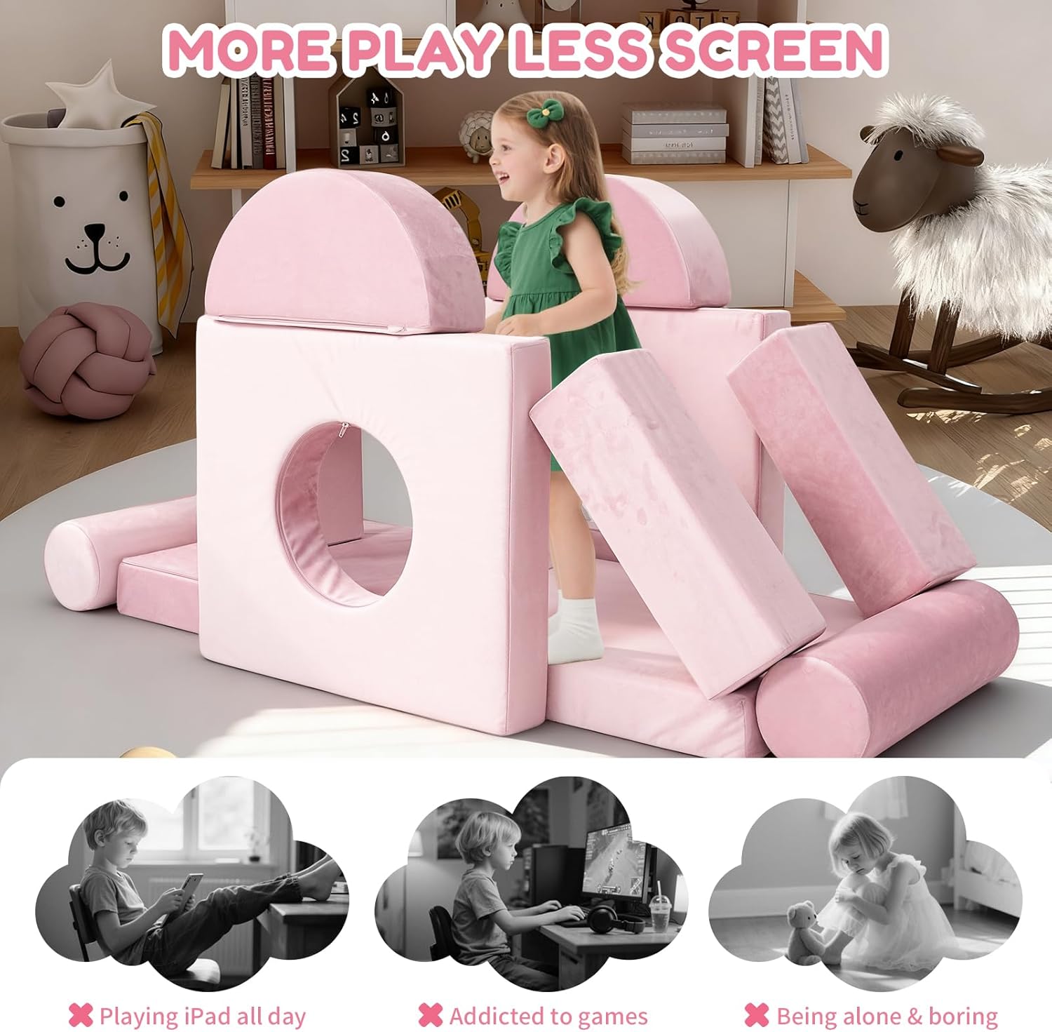 Modular Kids Play Couch 13Pcs Kids Sofa for Playroom, Bedroom, Nursery and Living Room Fold Out Sofa Bed Unlimited Creativity Sofas Convertible Play Fort