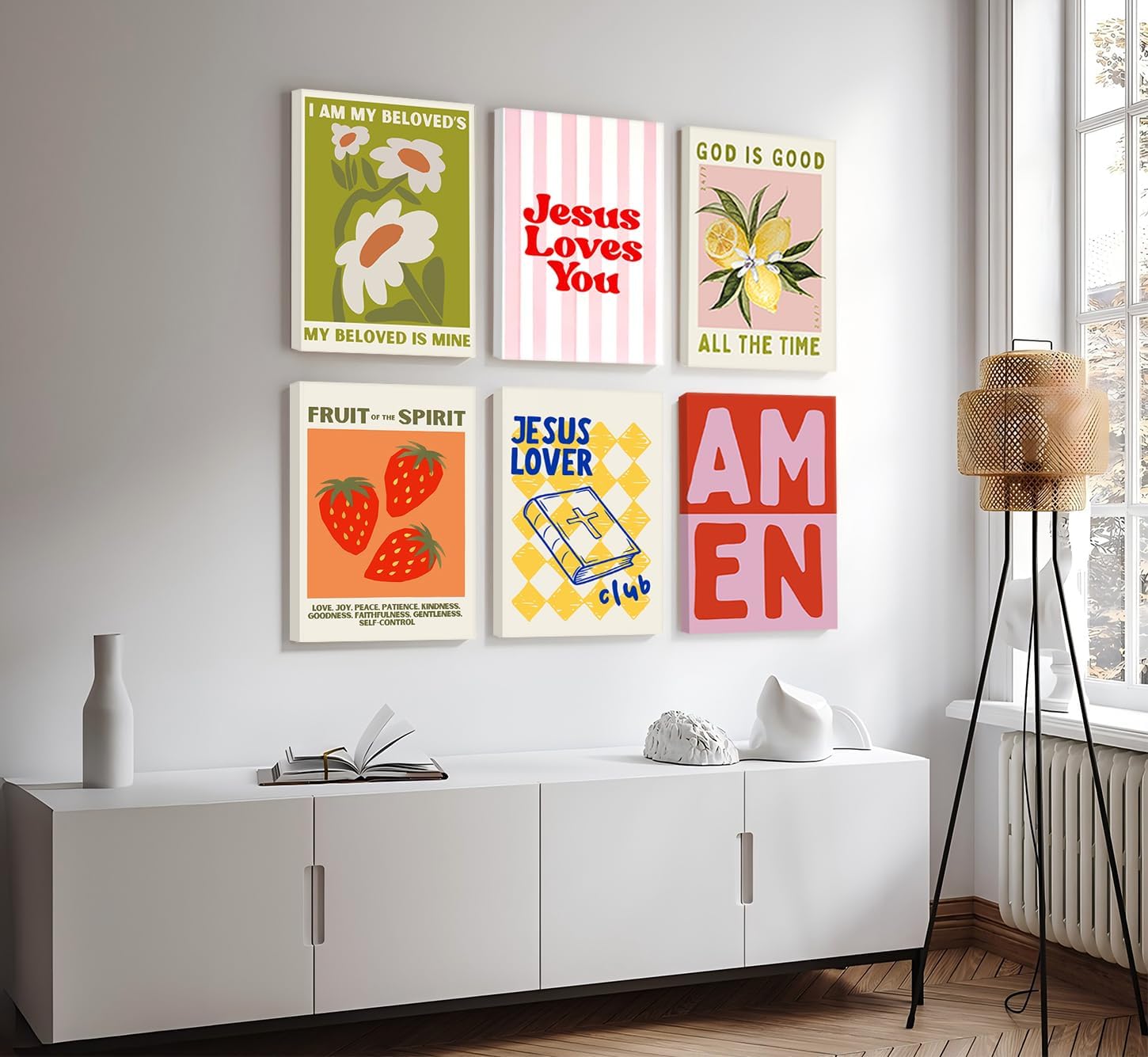 Trendy Christian Wall Art Colorful Scripture Pictutres Wall Decor Jesus Loves You Religious Quotes Posters Maximalist Bible Verse Florals Preppy Painting Print Artwork for Dorm Apartment, Framed