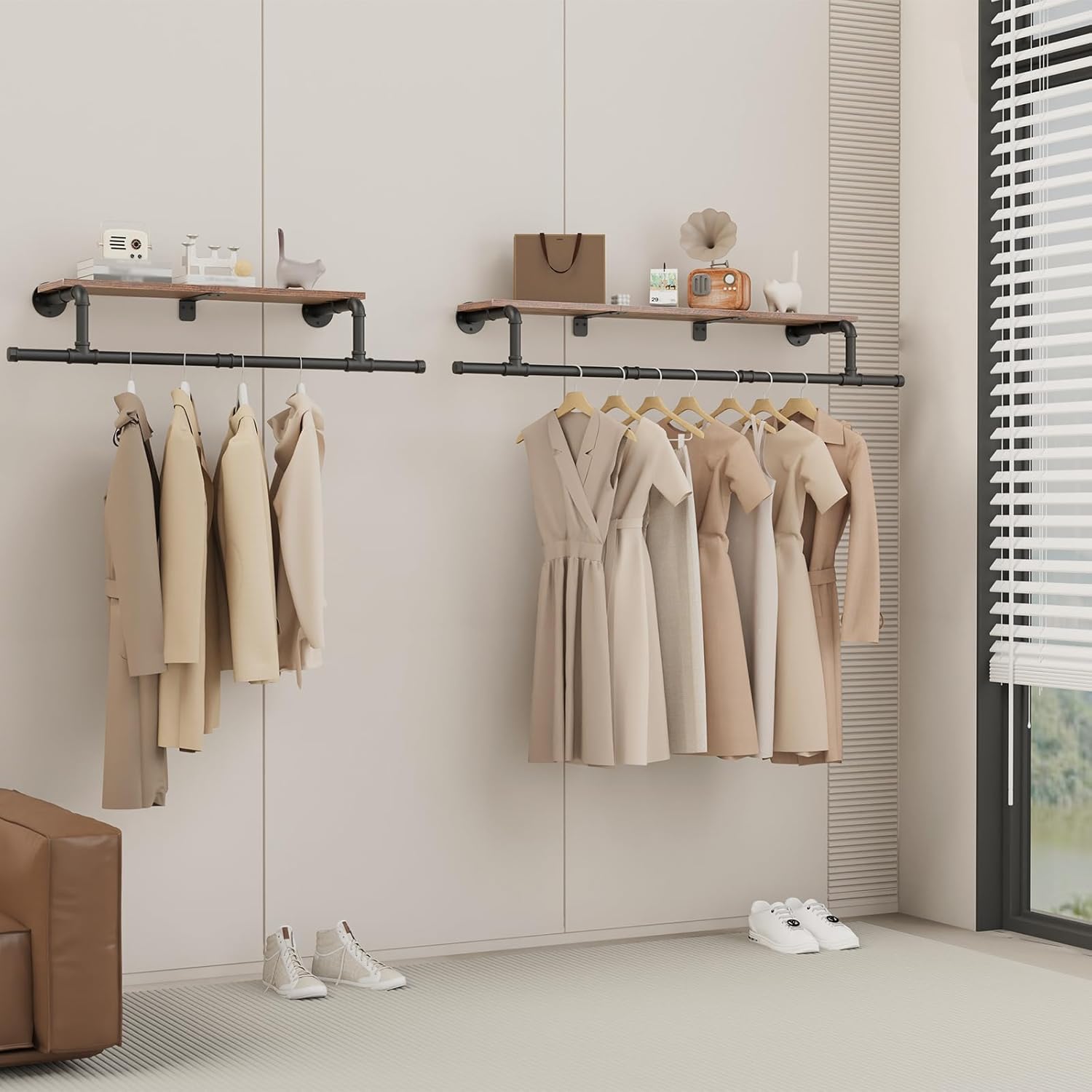 Wall Mounted Garment Rack with Top Shelf, Space Saver Industrial Pipe Clothes Rack, Heavy Duty Iron Shelf with Hanging Rod, 37.6×10.2×5.9 Inch, Black