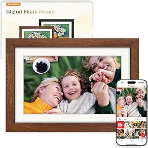 Frameo Digitaler Bilderrahmen WLAN 10.1 Zoll Walnussholz Elektronischer Bilderrahmen mit 32GB, 1280 * 800 HD IPS Touchscreen, Fotos/Videos Teilen über Frameo APP, Geschenk für Männer und Frauen